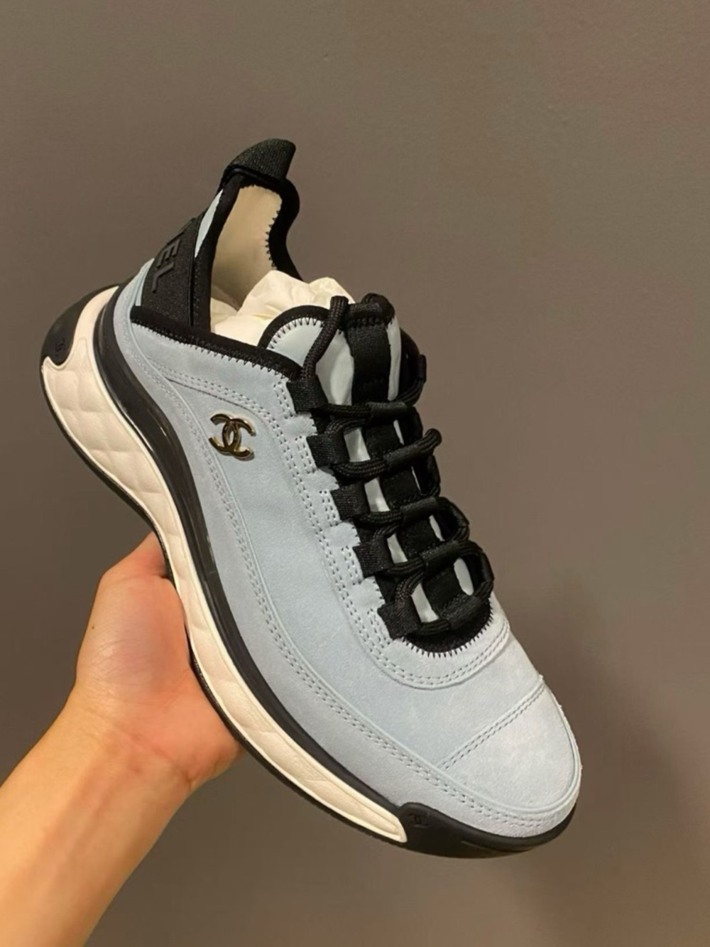 CHANEL Light Blue and Black Suede Low-Top Sneakers size 37